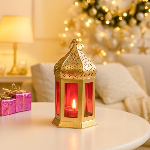 Image of MARKET 99 Metal & Glass Moroccan Lantern with Plain Glass | Christmas & Holiday Candle Holder, Festive Home Decor, Diwali & Birthday Decoration-Golden & Red | (Use LED T-Light only)