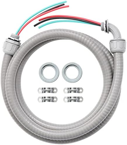 Power Whip Assembly Kit -1/2" x 4ft Non-Metallic Liquid Tight with 10 Gauge Wire Electrical AC Whip Kit Flexible Electrical Conduit & straight/90°Fittings