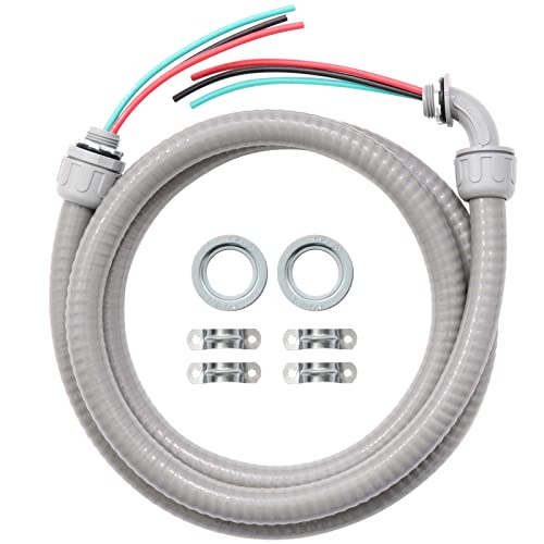 Power Whip Assembly Kit -1/2' x 4ft Non-Metallic Liquid Tight with 10 Gauge Wire Electrical AC Whip Kit Flexible Electrical Conduit & straight/90°Fittings