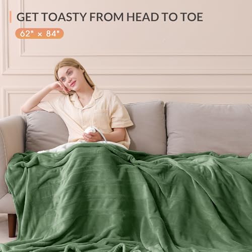 Image of HOMLYNS LuxeHeat Heated Blanket Electric Blanket Twin Size, Soft Flannel Sherpa Heating Blanket with 10 Heat Settings, 1-10 hrs Timer Auto Shut Off (62x84 inches, Green), Only for 120V Voltage Use