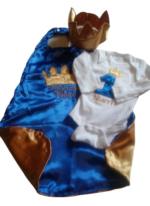3 piece 1st 2nd Birthday baby boy birthday set outfit Smash cake photo prop prince king royal blue gold crown onesie cape Crown Hat 6 months to 24 months