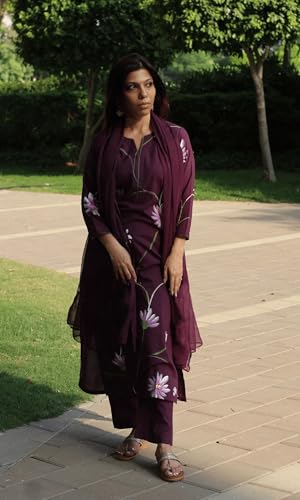 Image of ANNI Designer Women Rayon Viscose Straight Fit Floral Printed Kurta Pant Dupatta Set | V Neck Three Quarter Sleeve Outfit | Soft Lightweight Fabric | Elegant Comfortable Office Casual Wear