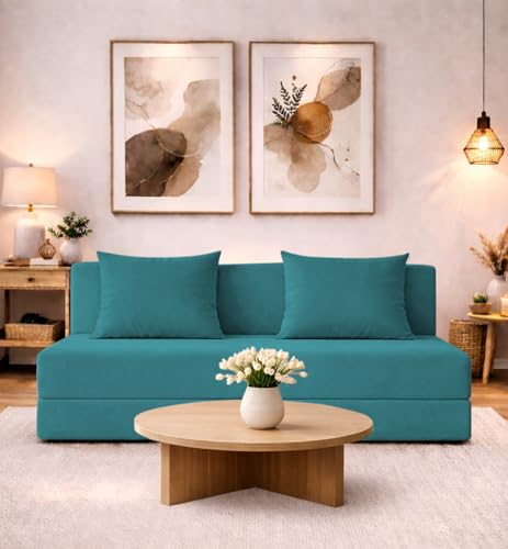 Image of Adorn India Easy 3 Seater Sofa Cum Bed | Velvet Fabric | Aqua Blue | Plain Design | 6x5 Ft | Comfortable Seating | Washable Cover | Perfect for Home & Office