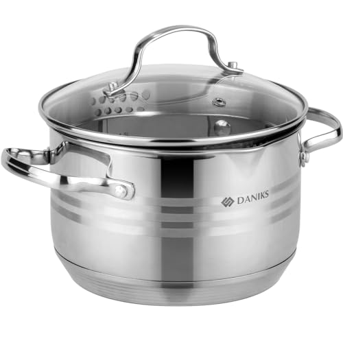 Daniks Tokio Pentola Accacio Inox con Coperchio, 3 Litri Ø 22 cm | Pentola Pasta con Scolapasta Incorporato | Induzione Gas | Scala di Misura | Argento