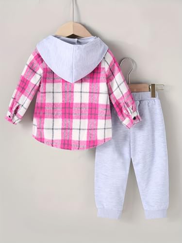 Image of Girls Outfits 2Pcs Pink Long Sleeve Hooded Plaid Shirts & Light Gray Pants Clothing 1-5 Years