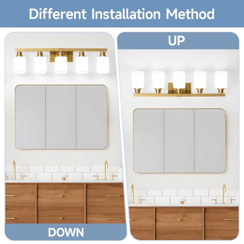 Image of Brushed Gold Bathroom Vanity Light,5-Light Bathroom Light Fixtures with Square Frosted Glass,Gold Bathroom Wall Lamp Sconces for Mirror Bedroom,Living Room Hallway,E26