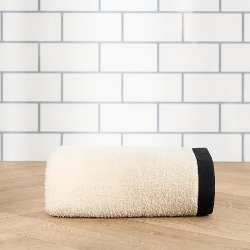 OHS 1 Piece Bath Towel, Ultra Soft 100% Cotton Highly Absorbent Quick-Dry Luxury Cream with Black Trim Bath Towel for Bathroom & Gym Luxury Spa Quality, 70x115cm