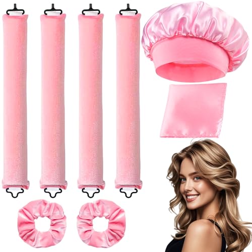 8 rulos sin calor, banda de rizos sin calor, equipada con gorro de seda y pañuelo de seda y anillo para el pelo, rulos durante la noche para rizar el pelo corto y largo sin calor (rosa)
