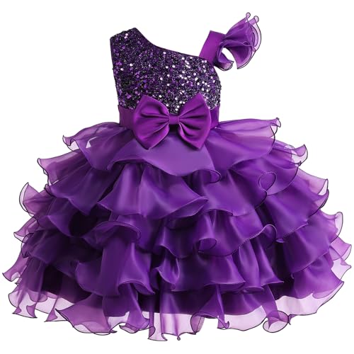 Lamgool Toddler Girls Formal Dress Pageant Princess Purple Ruffle Flower Elegant Tutu Sequin Ball Gown for Easter Spring 3-4T