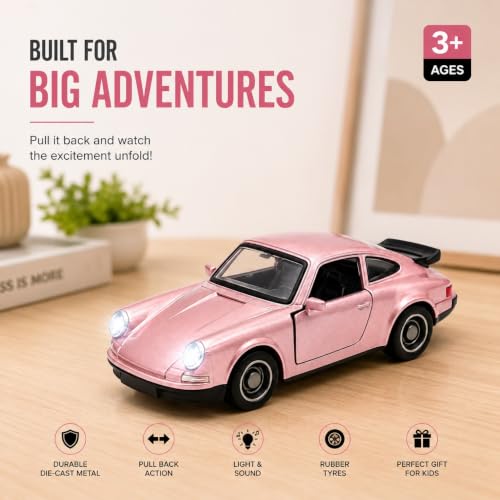 Image of 1:36 Scale Porscha 911 Die-Cast Alloy Toy Car - Pull-Back Metal Sports Car with Openable Doors, LED Lights & Sound - Collectible Model for Kids, Boys & Enthusiasts (Pink)