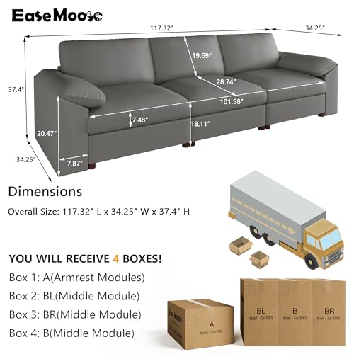 Image of EASE MOOSE 3 Seater Deep Seat Sectional Sofa, Scratch Resistant Faux Leather Material, Oversized Modular Couch for Living Room,Modern Comfy Sofas for Small Spaces,Grey