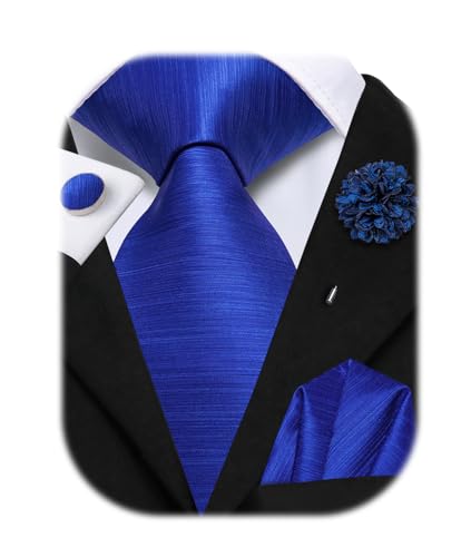 Image of Hi-Tie Men Silk Ties Set with Flower Lapel Pin Necktie Pocket Square Cufflinks for Tuxedo Wedding Business