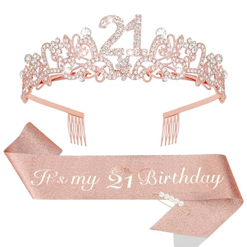 KIUEZIR Rose Gold 21st Floral Shaped Birthday Tiara & Sash Set for Women