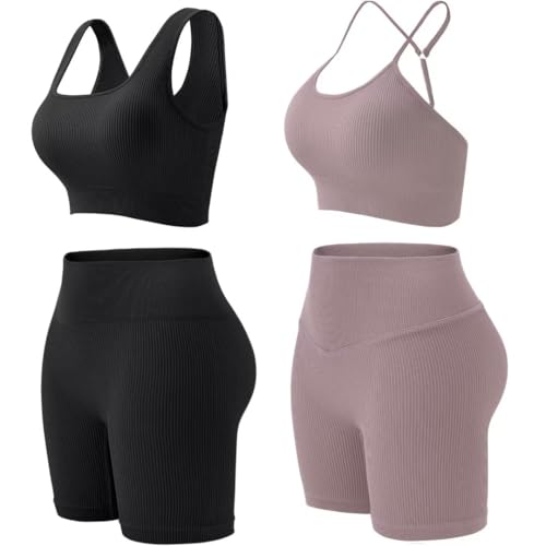 Workout Outfits Sets for Women 4 piece Seamless Backless Tank Sport Bra High Waist Short Yoga Gym Matching Active Set