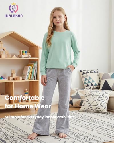 Image of WELAKEN Girls Sweatpants for Casual & Athletic - Kids Flared Pants Bell-Bottom Trousers with Pockets