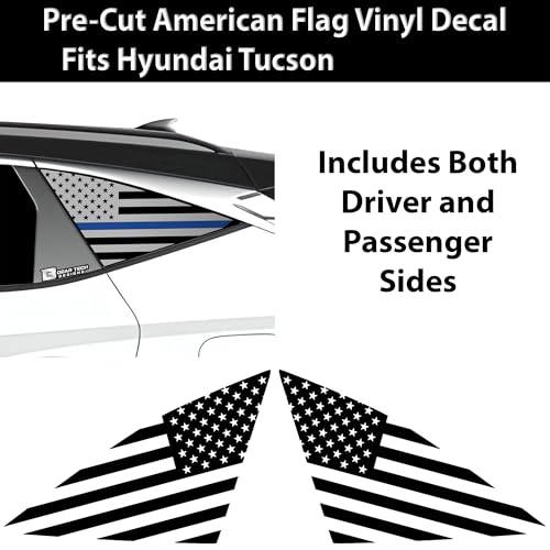 Image of BOGAR TECH DESIGNS Precut Quarter Window American Flag Vinyl Decal Sticker Compatible with Hyundai Tucson 2022-2025, Think Blue Line