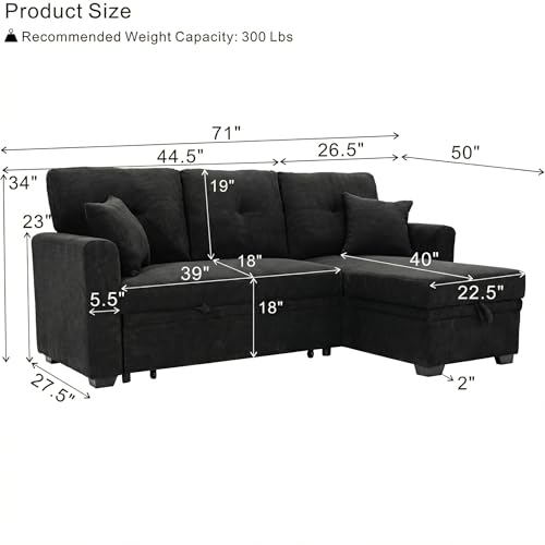 Image of KEIKI 71 inch Sleeper L Shaped Sofa with Pull Out Bed, 3 Seater Sectional Sleeper Sofa with Reversible Chaise, Modular Sectional Sofa with Storage for Living Room, Black