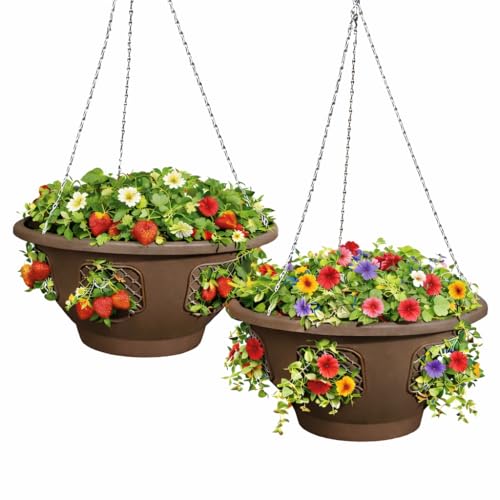 smart spring Ultimate Hanging Baskets - Strawberry Tomato Flower and Herb Outdoor Planters - Use Garden Pots for Growing Plants Outside On A Deck Fence or Balcony (Mocha 2pk)