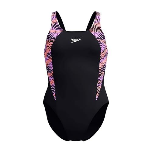 Speedo Women's HyperBoom Splice Muscleback Swimsuit | Classic Design | Quick Drying | Training | Fitness | Chlorine Resistant, Black/Electric Pink/USA Charcoal, 38