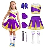 Luckyou Cheerleader Kostüm Kinder, Cheerleadering Outfit für Mädchen, Kostüm Cheerleade mit Glitzernder Perücke, Pompons und Schleife für Karneval, Halloween,Purple,130cm
