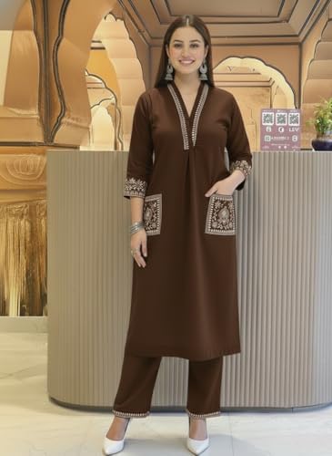 Image of SHEINZY Women's Embroidered Kurta Set with Pants | 3 /4 Sleeve V-Neck Kurti with Floral Thread Work | Ethnic Indian Wear for Casual & Festive Occasions | Comfortable Co-ord