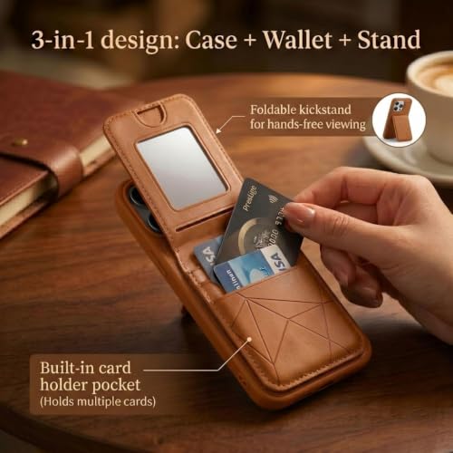 Image of amazon basics Premium Vegan Leather Back Cover with Card Holder and Integrated Mobile Stand for iPhone 14 Pro - Slim Shockproof Wallet Case with Geometric Stitching [Tan]