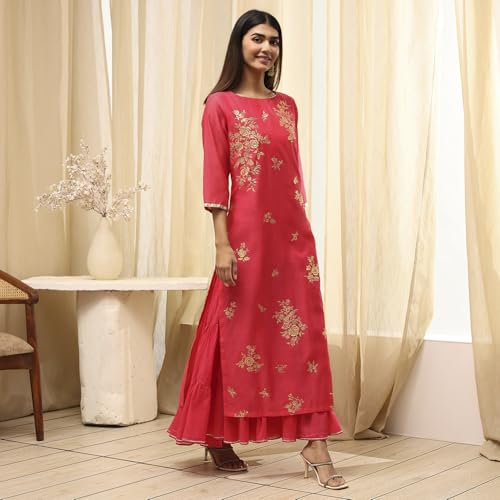 Image of Biba Women's Poly Chanderi 3 /4 Sleeves Calf Length Round Neck A-Line Casual Dress