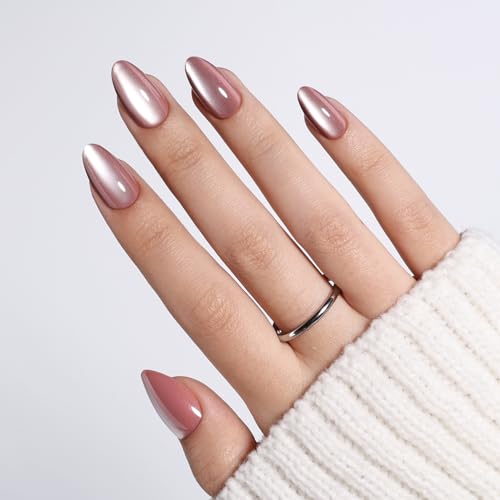 WiniBeauty Cat Eye Press On Nails - Mauve Short Almond Fake Nails CatEye Press On Nails Reusable Stick On Nails in 16 Sizes 32pcs False Nail Kit for Women & Girls (Metallic Mauve)