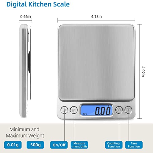 Toprime Digital Gram Scale 500G 0.01G Food Scale High Precision Kitchen Scale Multifunctional Stainless Steel Pocket Scale With Back-Lit Lcd Display Tare Pcs Features Silver #TOP1
