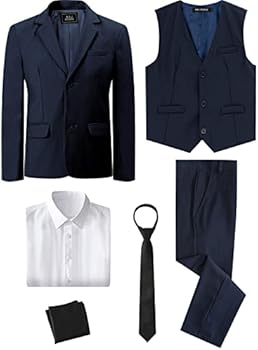 mintgreen 6-delig jongenspakket, blazer & broek & vest & overhemd & stropdas met pochet, 5-13 jaar, Zwart, 13-14 Jaren