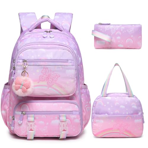 3PCS Rainbow Butterfly Girls Backpacks with Lunch Bag & Pencil Pouch