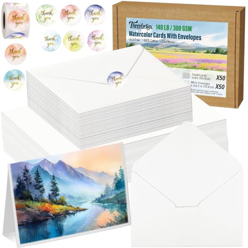50 Pack Blank Watercolor Cards with Envelopes 4 x 6 Inch 140lb/300GSM 100% Cotton Heavyweight Foldable Water Color Cardstock Acid-Free Watercolor Cards to Paint for Christmas Birthday
