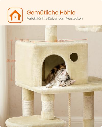 Feandrea Kratzbaum, 143 cm hoch, Katzenbaum mit 11 Kratzsäulen, 2 Plattformen, 1 Katzenhöhle, 1 Hängematte, 2 Plüschbällen, Plüsch, mehrstöckiges Design, beige PCT15BE