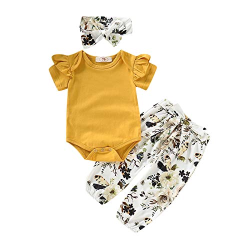 Image of Newborn Infant Baby Girl Summer Clothes Cute Short Sleeve Romper Flower Pant Outfit Set Yellow Floral 3-6 Months 80cm