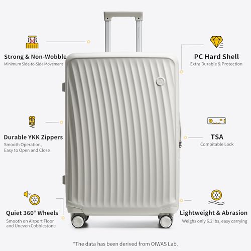 OIWAS Luggage Sets 2 Piece, Hardshell Luggage Sets with Spinner Wheels, TSA Lock, Waterproof Compartment, Lightweight Suitcase Sets for Long Vacation (White, 20'' Carry-on/28'' Large Luggage)3
