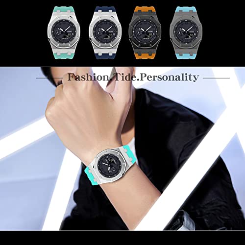 Image of GA2100 Stainless Steel Watch Case with Metal Watchband and Rubber Strap Mod Kit - Compatible with GA-2100 /GA-2110 /GA-B2100 Series - Watch Part Replacement
