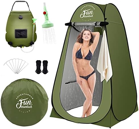 FUN ESSENTIALS Solar Shower Tent Kit, 2 Pcs, Instant Pop Up Privacy, 5 Gallon Solar Shower Bag, Sun Canopy Beach Outdoor Camp Privacy Tent, Easy Set Up, Foldable