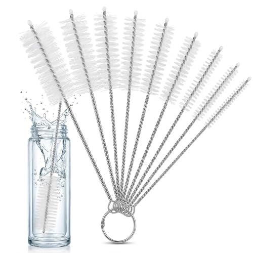 Mini Straw & Pipe Cleaning Nylon Brushes | 10 Brush Set | 8 inch Length | Flexible Non-Scratch Rust-Resistant Steel Handle | Reusable Straws Pipes Tubes Mini Bottles etc