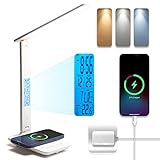 LED Desk Lamp with USB Charging Port,Ampulla M1 Desk Lamp with Wireless Charger, USB Charging Port, Table Lamp with Built-in Clock, Alarm, Date, Temperature, Touch Control for Home Office Lamp