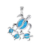 Gorgeous X-Large Mom & 3 Baby Sea Turtle Necklace, Sterling Silver Hawaiian Blue Opal Turtle Family...