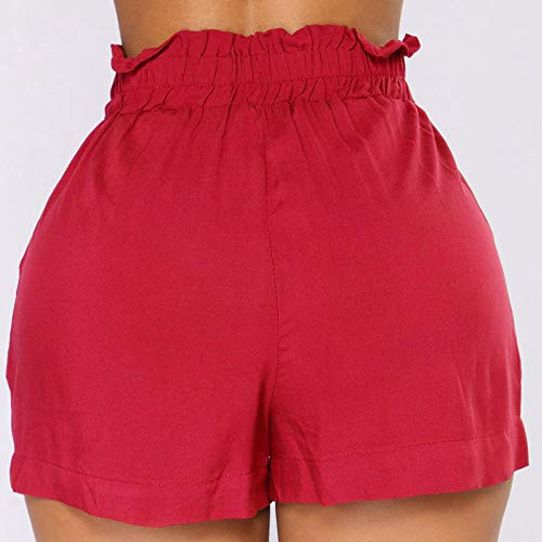 Womens Shorts High Waist Retro Casual Fit Elastic Waist Pocket String Pants Wine #TOP2