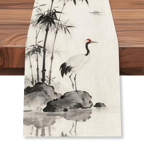WADORN Nappe de Table Peinture à l'Encre de Bambou Asiatique, 33x183cm Décoration de Table Chinoiserie Traditionnelle Styl Oriental Zen Art Décor de Cuisine...