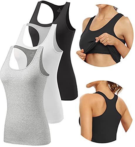vislivin Damen Tank Tops mit Regal-BH Racerback Tank Top Stretch Unterhemden 3er Pack Schwarz/Weiß/Grau S