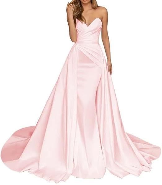 Vestido de novia de satén estilo sirena, sin tirantes, fruncido, para dama de honor, corsé, largo con cola, vestido de noche formal, rosa, 7XL Grande