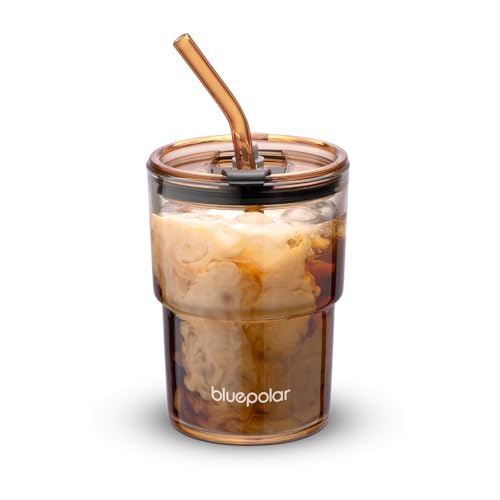 BLUEPOLAR 13oz/400ml Glass Water Tumbler with Straw and Lid Sealed Carry On Thick Wall Iced Coffee Cup Glass Cup for Water, Iced Tea Fruit Juice Etc (Amber