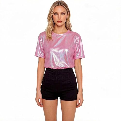 Womens Metallic Iridescent T-Shirt Short Sleeve Shiny Holographic Top (US Alpha Small Regular Regular Pink)