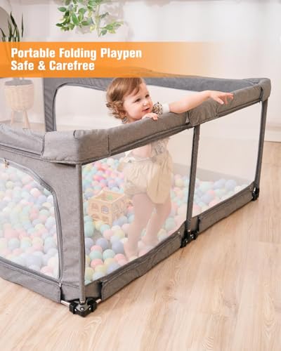 Image of Veraste Foldable Baby Playpen with Gate, Extra Large Collapsible Play Yard for Babies & Toddlers, Portable Travel Playpen, Baby Activity Center for Indoor & Outdoor Use (Grey 51 inchx51 inch)