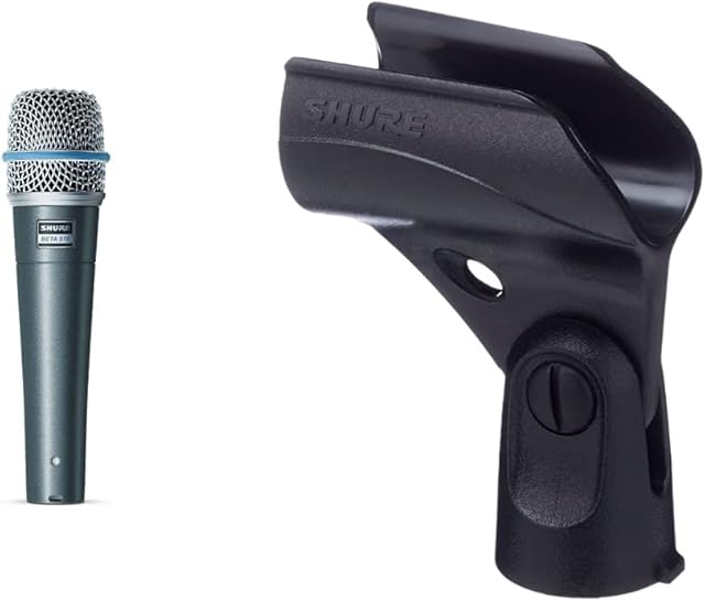Shure BETA 57A Supercardioid Dynamic Microhone with High Output Neodymium Element for Vocal/Instrument Applications & A25D Microphone Clip - Break Resistant Stand Adapte