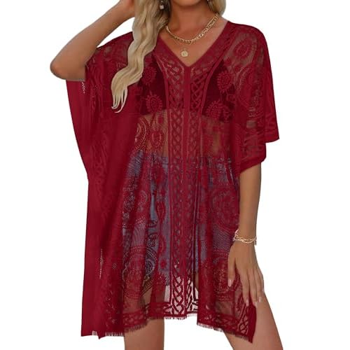 Womens Lace Bathing Suit Cover Up V Neck Swimsuit Coverup Summer Swim Coverups Loose Bikini Beach Dress (Deep Red)