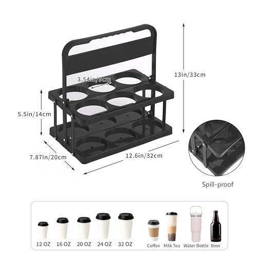 Reusable 6 Cup Drink Carrier with Handle and Insulated Food Delivery Bag, Portable Plastic Cup Caddy, 26L Grocery Cooler Box for Car Delivery, Travel, Picnic(Black) - view 1